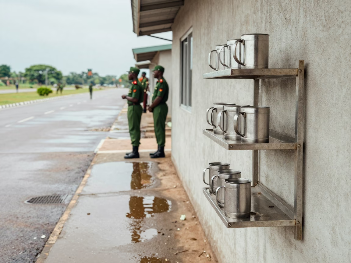 Nigerian Airbase Guard Post Thermal Mug Shelf in along an airbase flight line in Nigeria