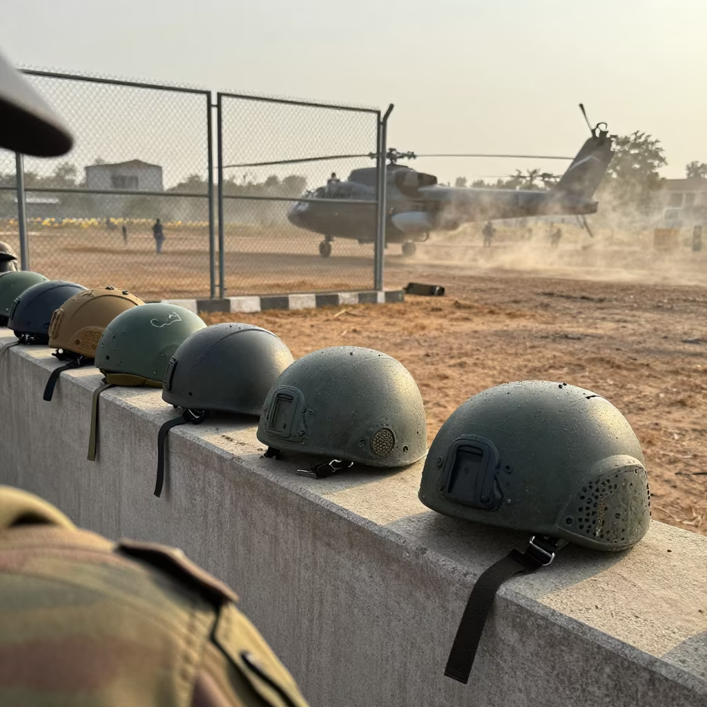 Nigerian Checkpoint Helmet Shelf Before Formation in at a checkpoint lane in Nigeria