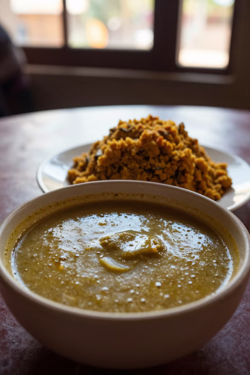 Nigerian Egusi Soup and Pounded Yam in Copenhagen in on a restaurant table in Copenhagen