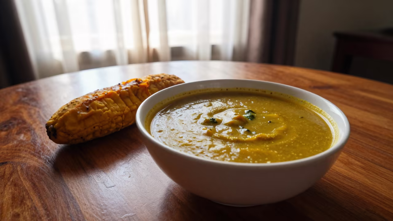 Nigerian Egusi Soup with Pounded Yam Morning Light in on a small dining table by a window in Kisumu
