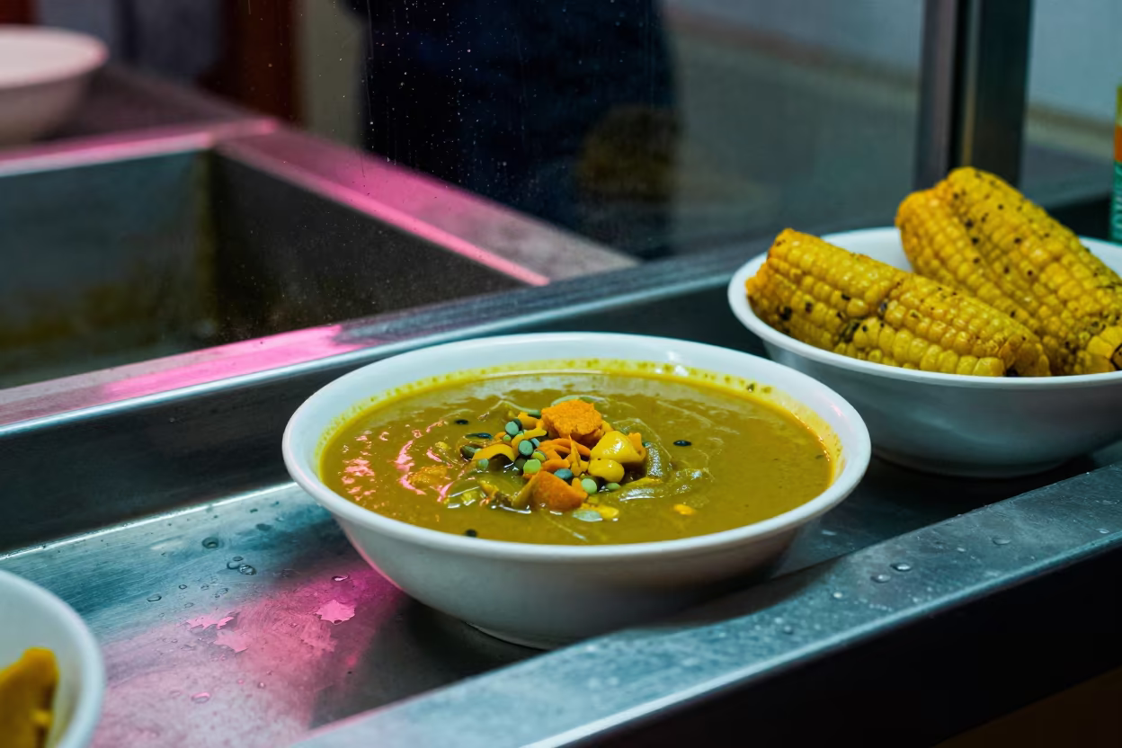 Nigerian Egusi Soup and Pounded Yam at Surabaya Noodle Counter in at a noodle counter in Surabaya