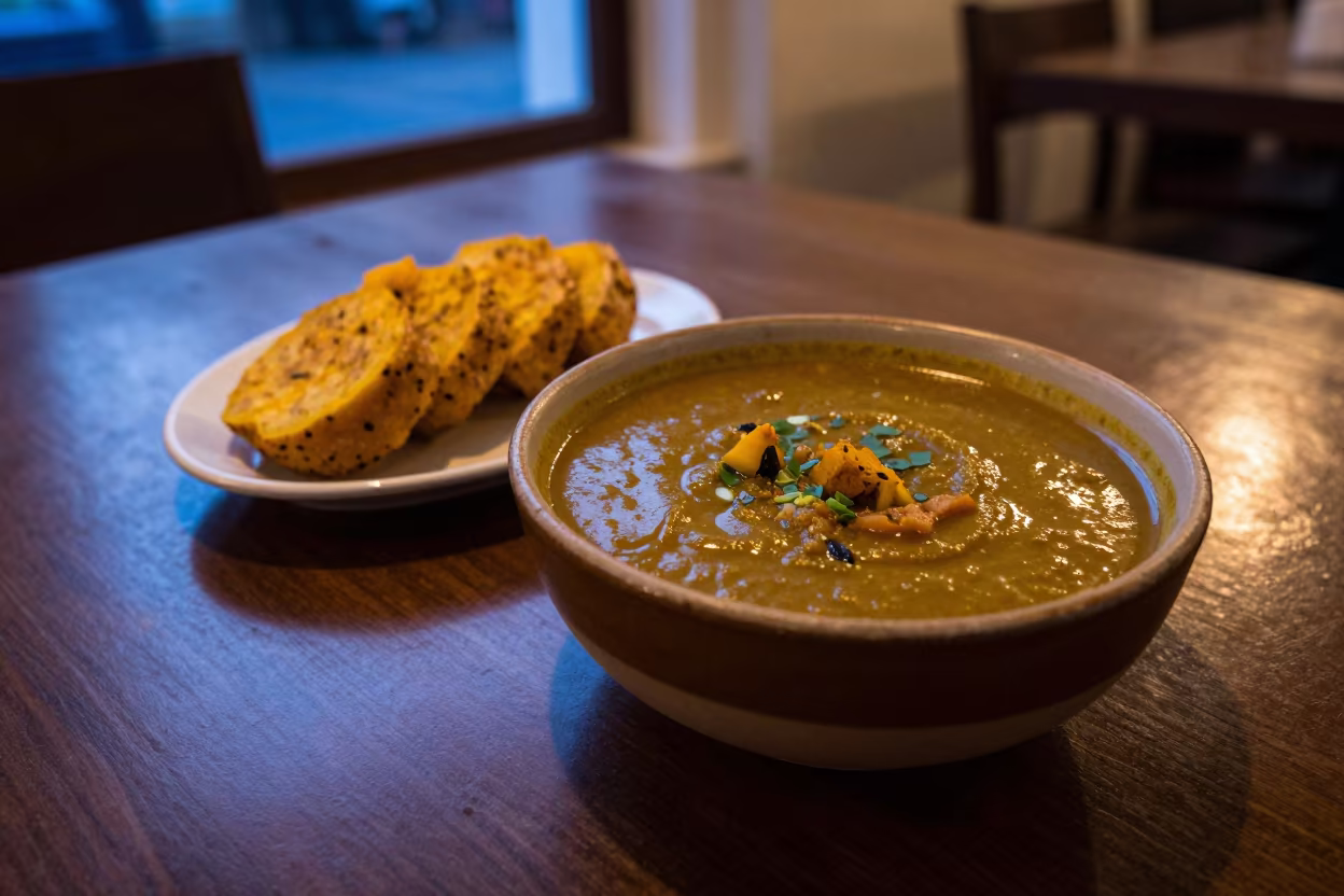 Nigerian Egusi Soup and Pounded Yam on Warsaw Table in on a restaurant table in Nowy Swiat, Warsaw
