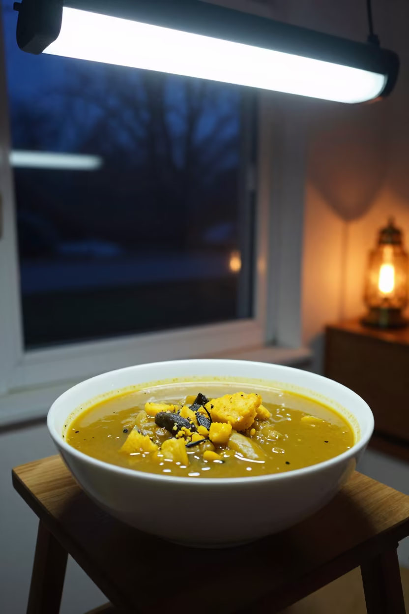 Nigerian Egusi Soup and Pounded Yam by Window in on a small dining table by a window in Hohhot
