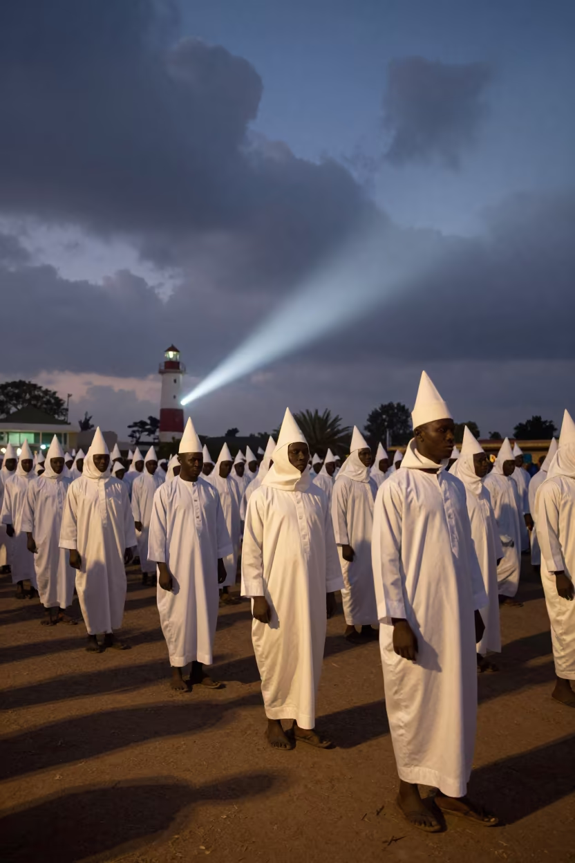 Nigerian Eyo Masquerades in Predawn Lighthouse Light in at a public square during a festival near Rimini