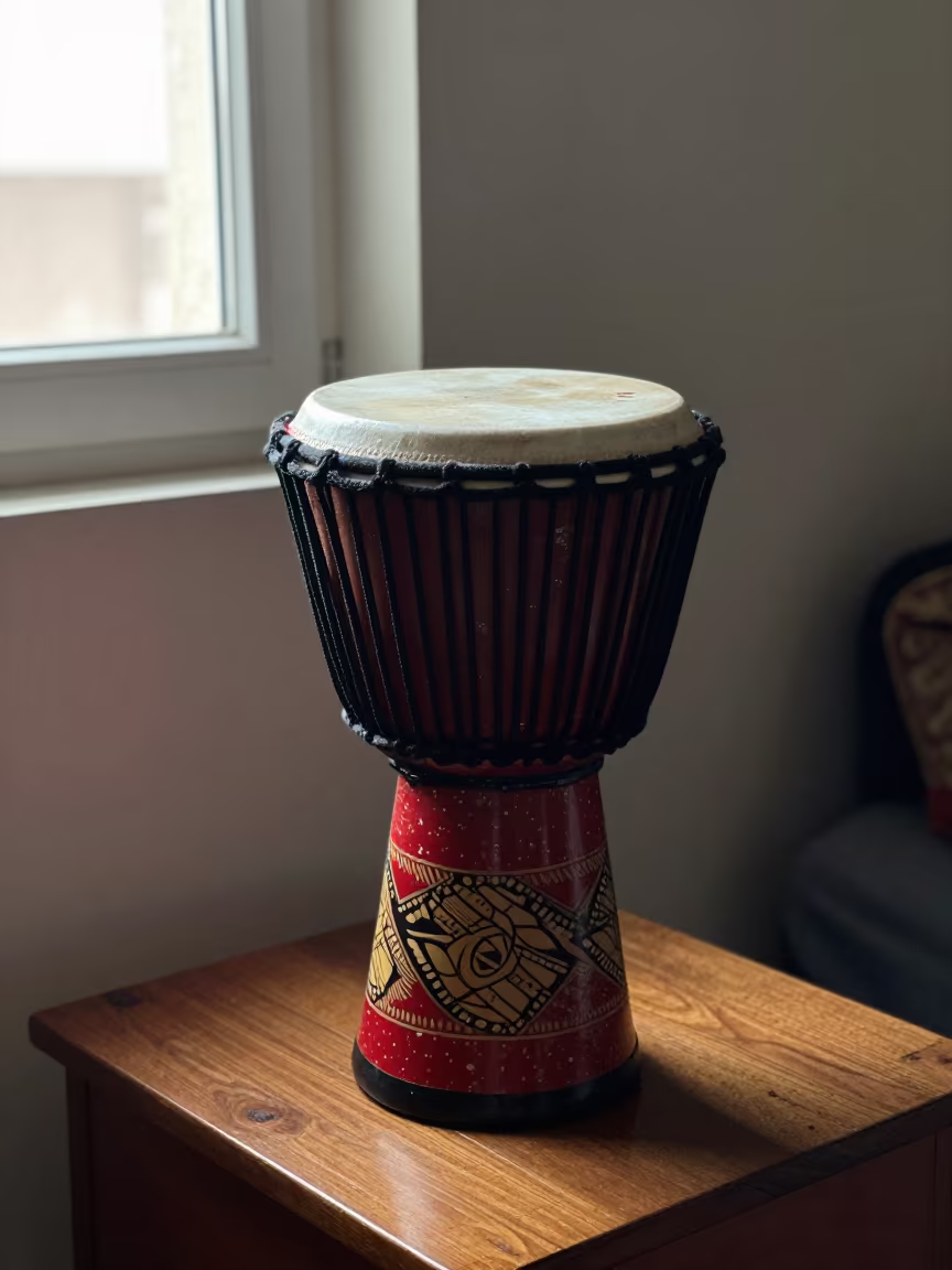 Nigerian Talking Drum Celebration on Bedside Table in on a bedside table near Mersin