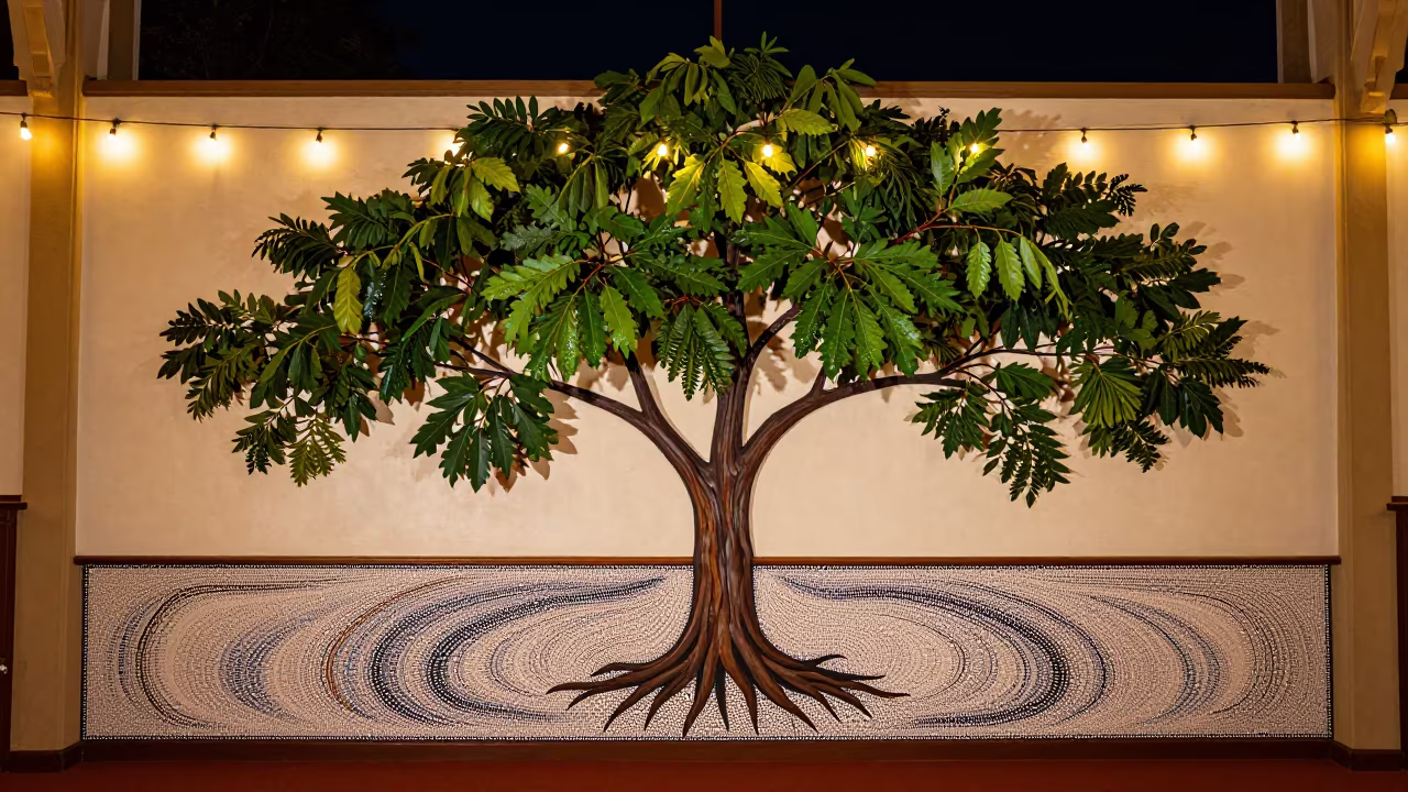 Night Aboriginal Dot Painting with Horizontal Tree in in a prayer hall in Chippendale, Sydney