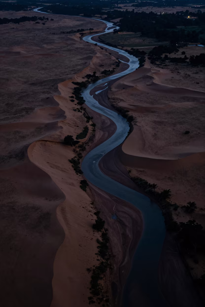 Night Aerial View of Braided Floodwater Malawi Dunes in above dune fields and dry wadis in Malawi