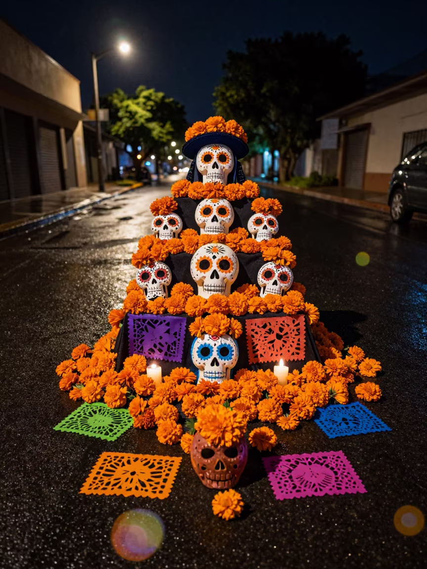 Night Altar Marigolds Changsha Street Festival in at a festival street procession in Changsha