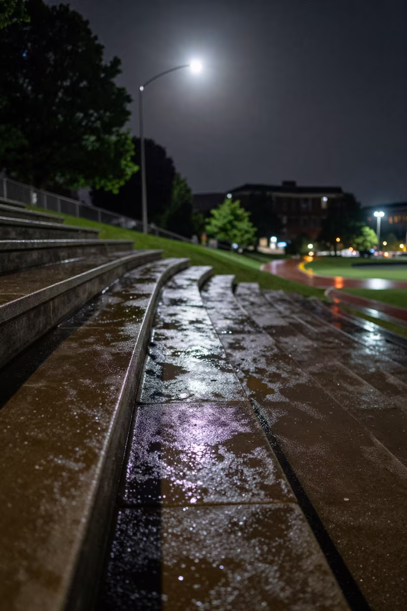Night Amphitheater Rain Cincinnati Graduation in along a schoolyard walkway in Cincinnati