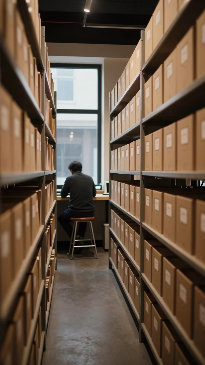 Night Archive Aisle With Banker Boxes In Delhi Office in inside a coworking floor near Delhi