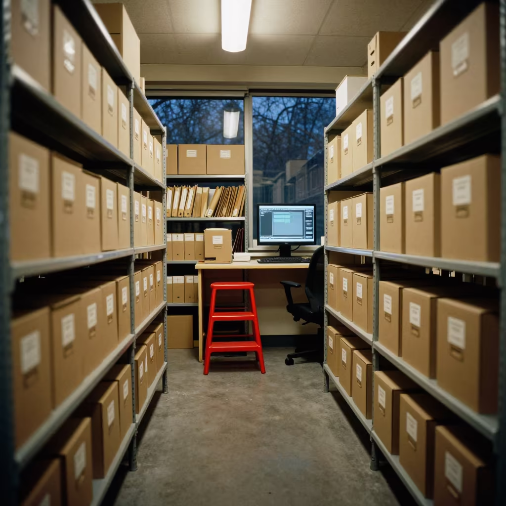 Night Archive Aisle with Banker Boxes and Monitor Light in inside a coworking floor near Bingöl