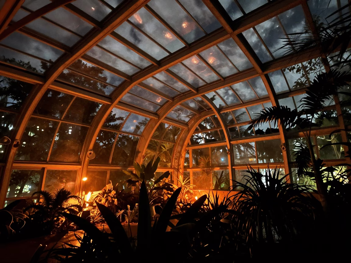 Night Atrium Firelight Glass Lira Botanical Garden in inside a glass-roofed arcade in Lira