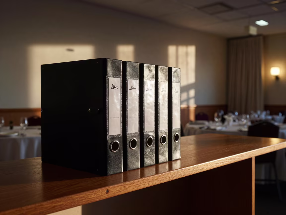 Night Audit Binder on Shelf in Hassan Banquet Hall in inside a banquet hall before service in Hassan