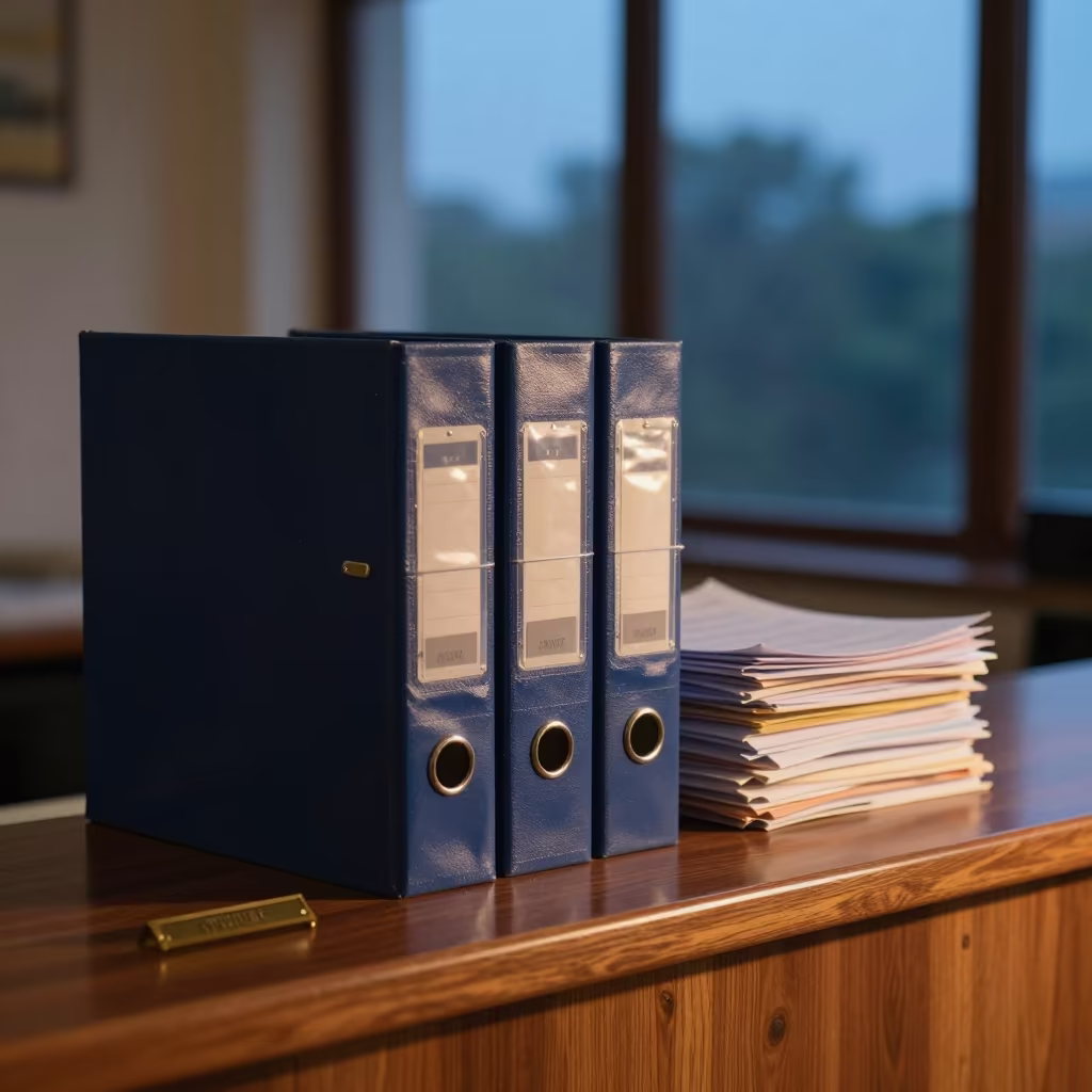 Night Audit Binder Shelf Morning Light Gwalior in at a reception desk under warm light in Gwalior