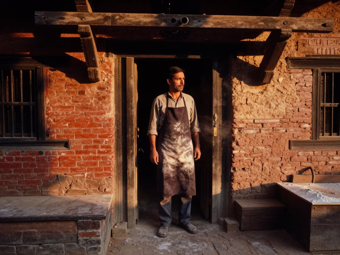 Night Baker at Kathmandu Market Doorway Sunset in in a workshop in Kathmandu