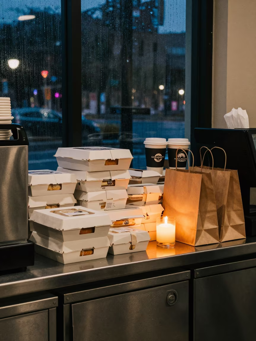 Night Bakery Station with Bags and Lids in Las Vegas in at a cash wrap counter with bags stacked nearby in Las Vegas