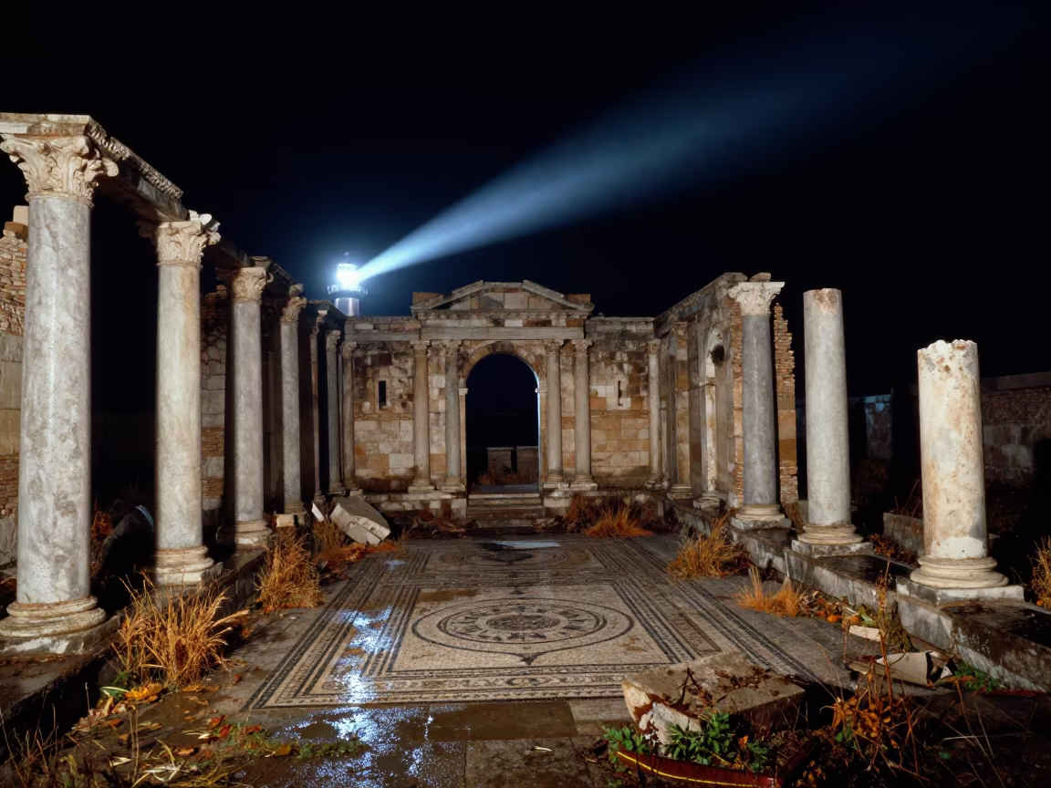 Night Beam on Roman Mosaic Ruin After Storm in inside a roofless nave near Atyrau