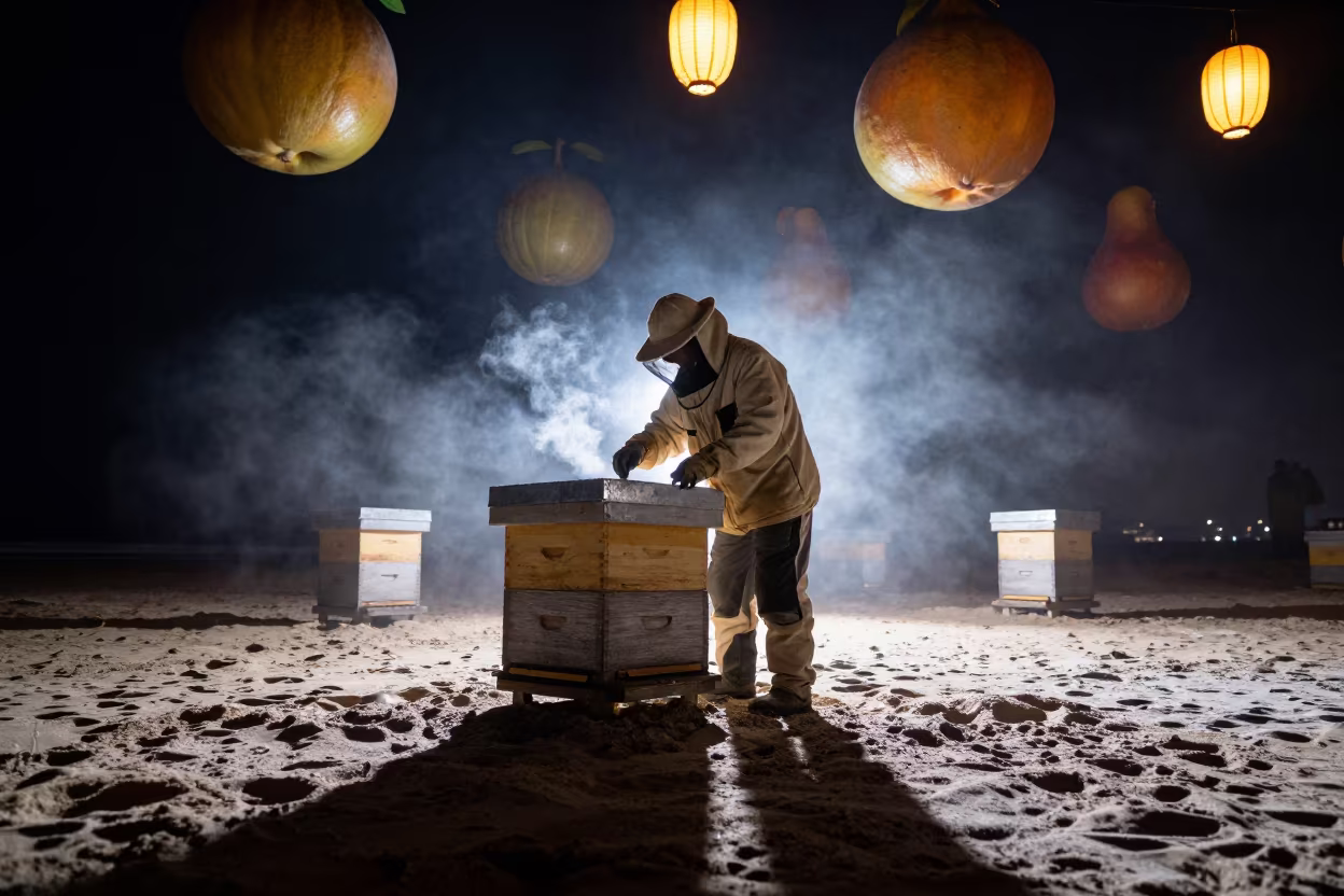 Night Beekeeper Smokes Hive on Winter Beach in along a beach near Chatham-Kent
