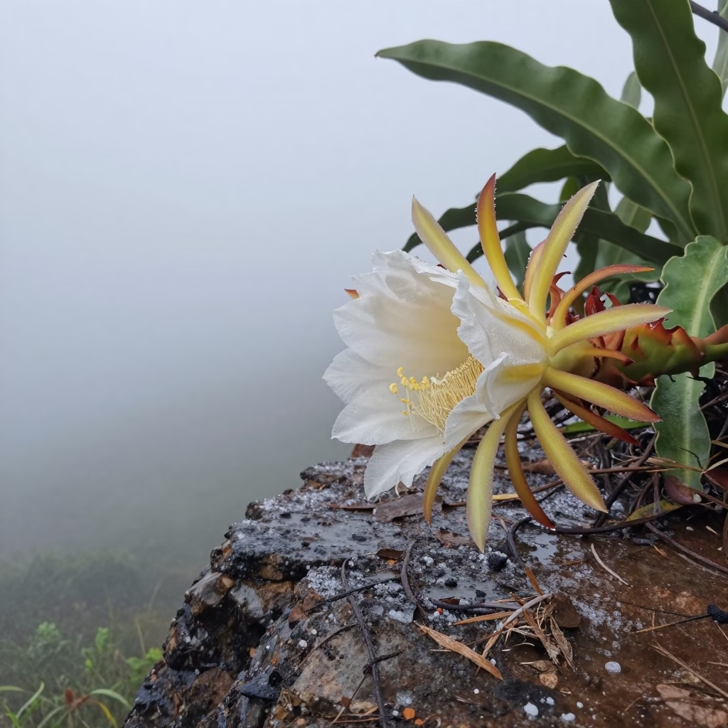 Night Blooming Cereus on Cambodian Cliff in along a salt-sprayed cliff edge in Cambodia