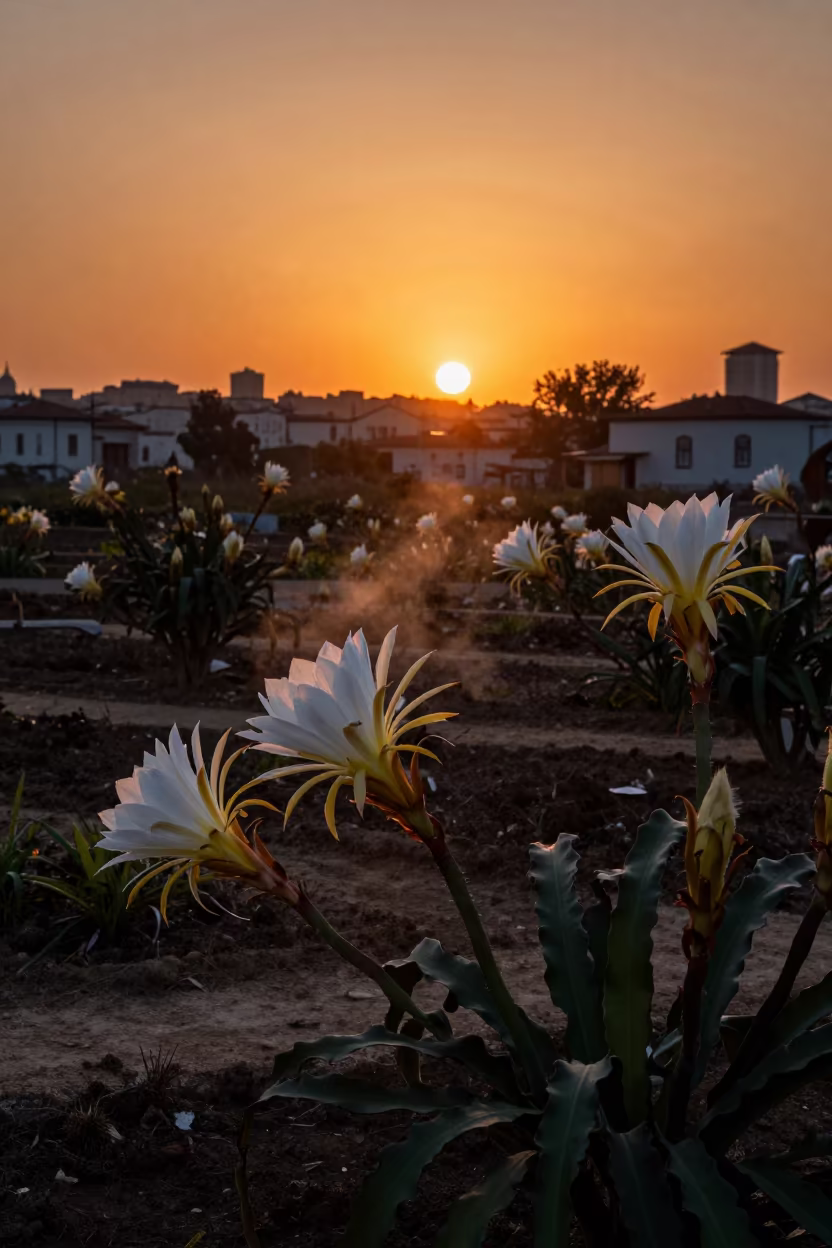 Night-Blooming Cereus in Late Autumn Istanbul in among terraced garden plots near Istanbul