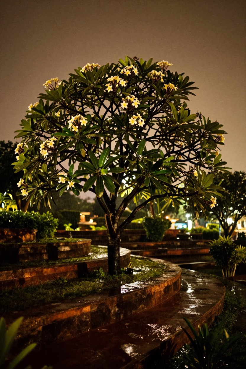 Night Blooming Frangipani in Bangkok Terraced Garden in among terraced garden plots near Ekkamai, Bangkok