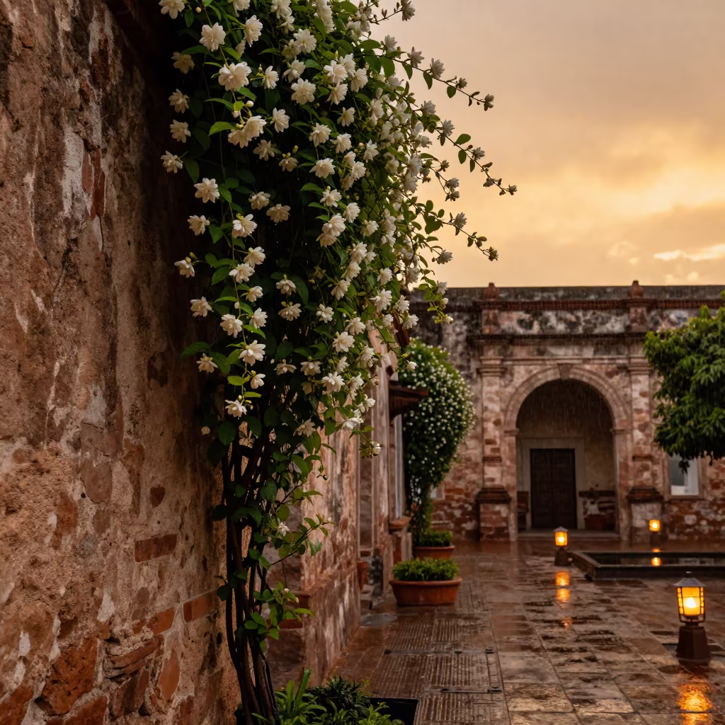 Night-blooming Jasmine on Mexican Temple Wall in in a lantern-lined temple precinct in Mexico