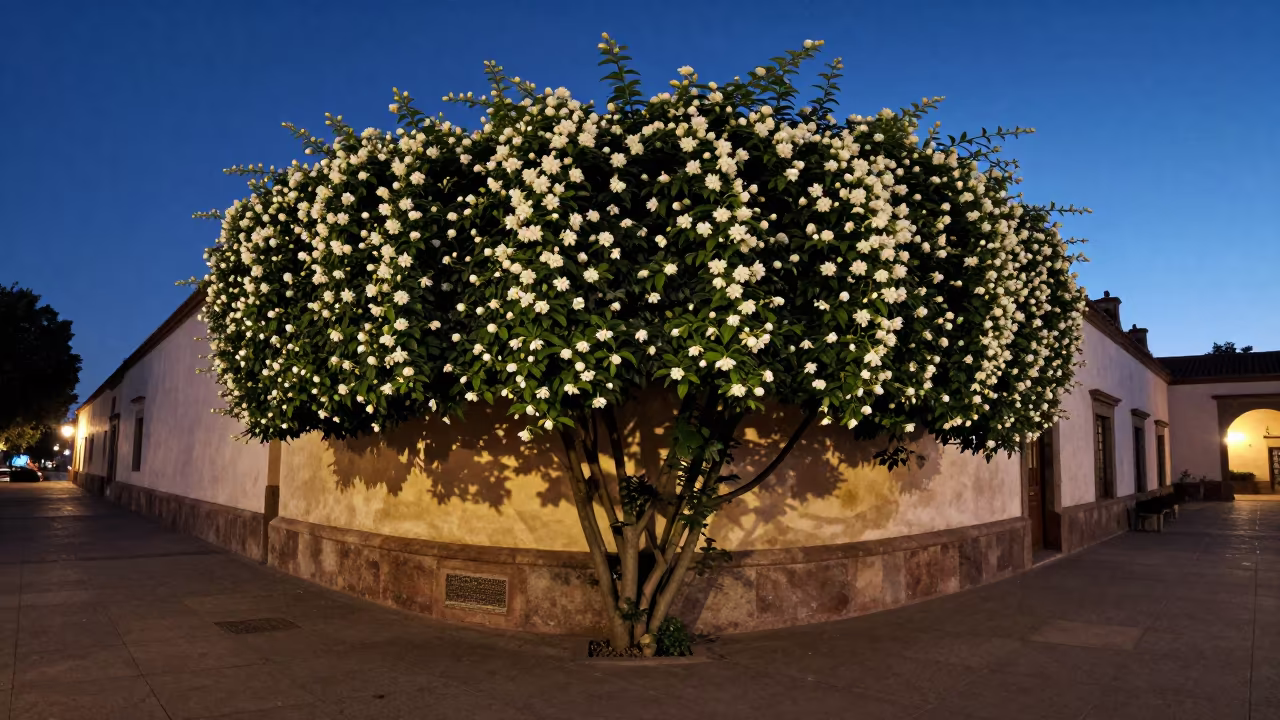Night Blooming Jasmine Vine in Twilight Plaza in across a formal civic plaza near Cuauhtémoc