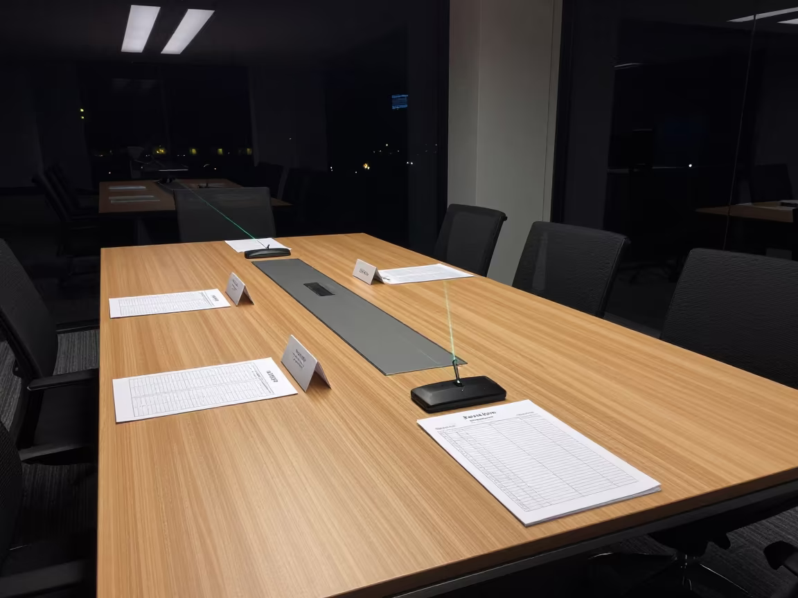 Night Boardroom Table with Agendas and Name Tents in in an operations center under monitor glow in Dalian
