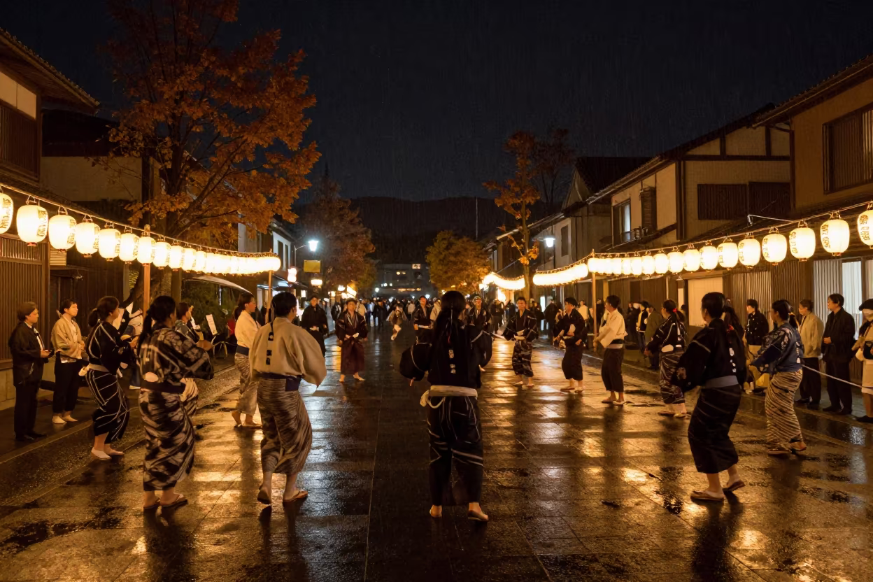 Night Bon Dance Circle Lanterns Constantine in at a festival street procession near Constantine