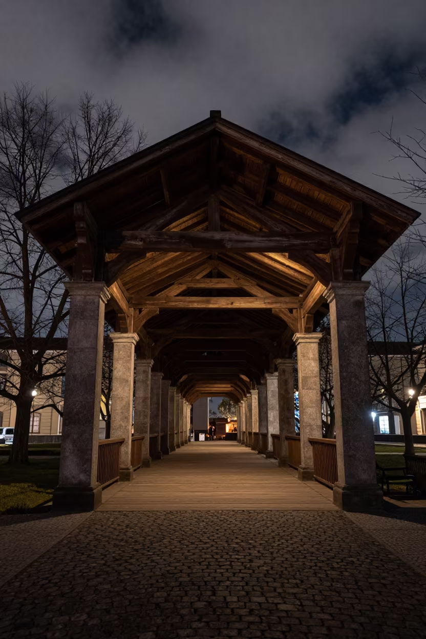 Night Bridge Turin Colonnade Rim Light in along a colonnaded facade in Turin