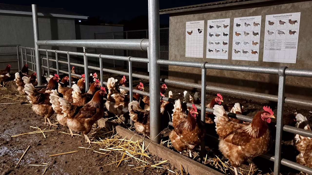 Night Broilers Near Feed Augers in Ethiopia in along a muddy paddock fence in Ethiopia