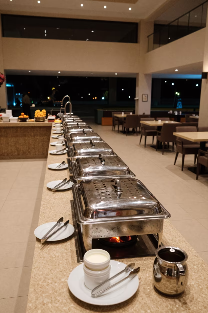 Night Buffet Line in Ouagadougou Hotel Lobby in inside a hotel lobby in Ouagadougou