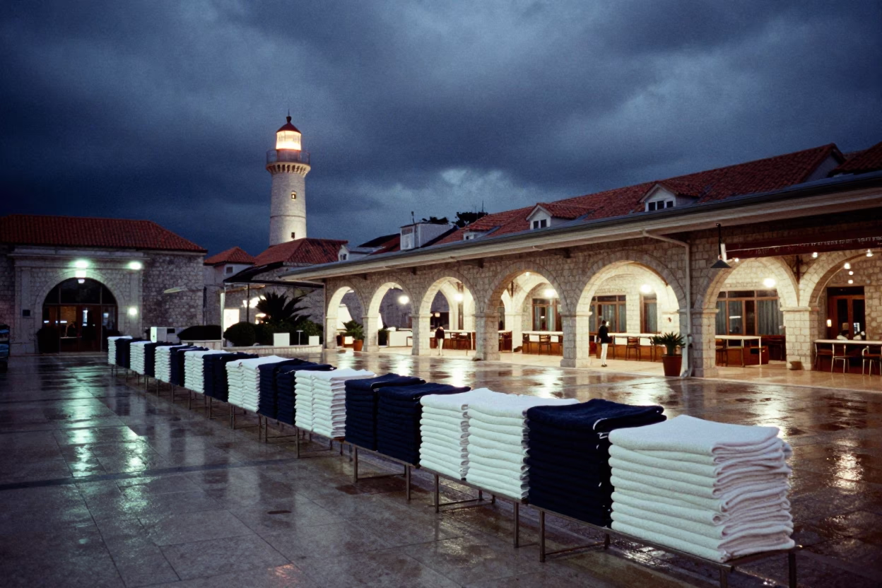 Night Cabana Line Under Lighthouse Sweep in beneath a porte cochere at arrival near Lokrum, Dubrovnik