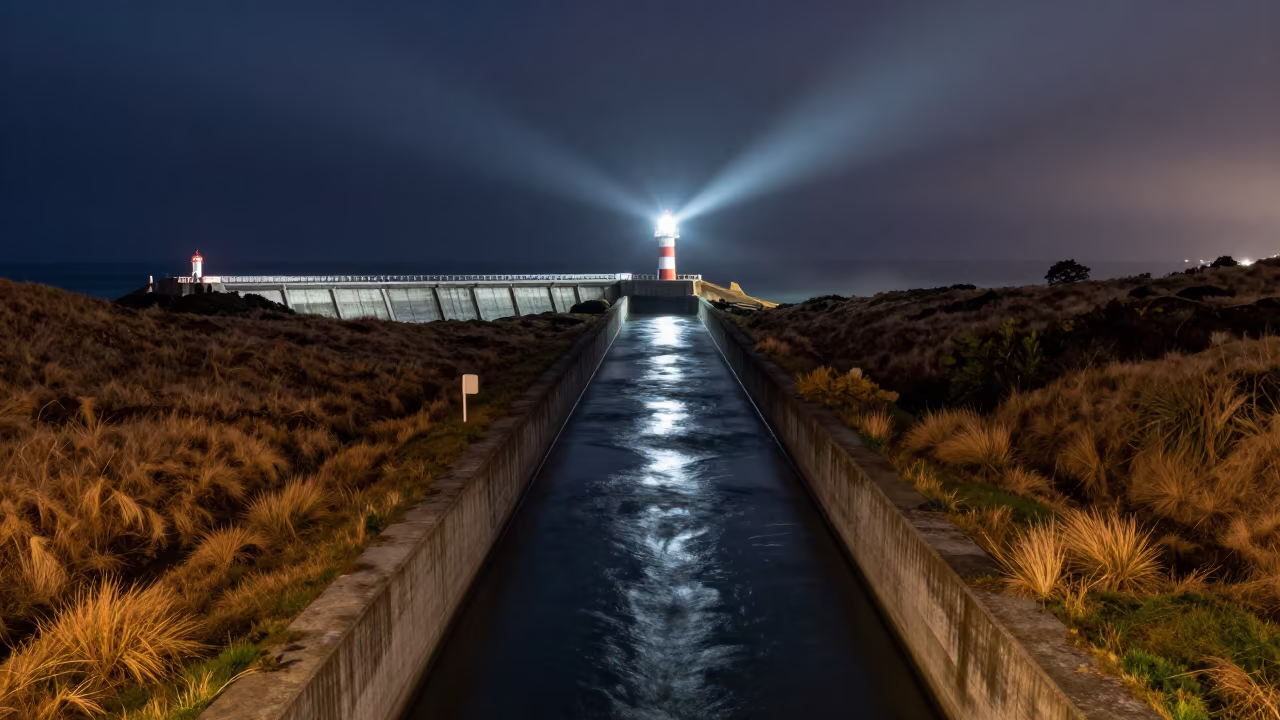 Night canal aqueduct sweeps across autumn land in beside a storm surge barrier in New Zealand
