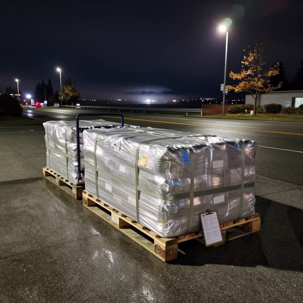 Night cargo pallet and ULD dollies at Vancouver depot in along a freight depot access road in Vancouver