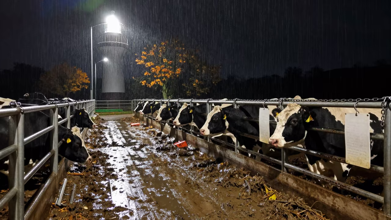 Night Cattle Pen Sweep Illumination Rain in beside a pasture gate in Cornwall