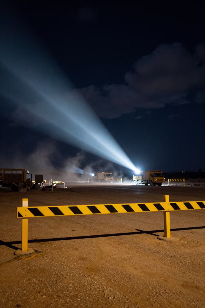 Night Checkpoint Barrier Arizona Desert Dust in beside a convoy halt on open ground in Arizona