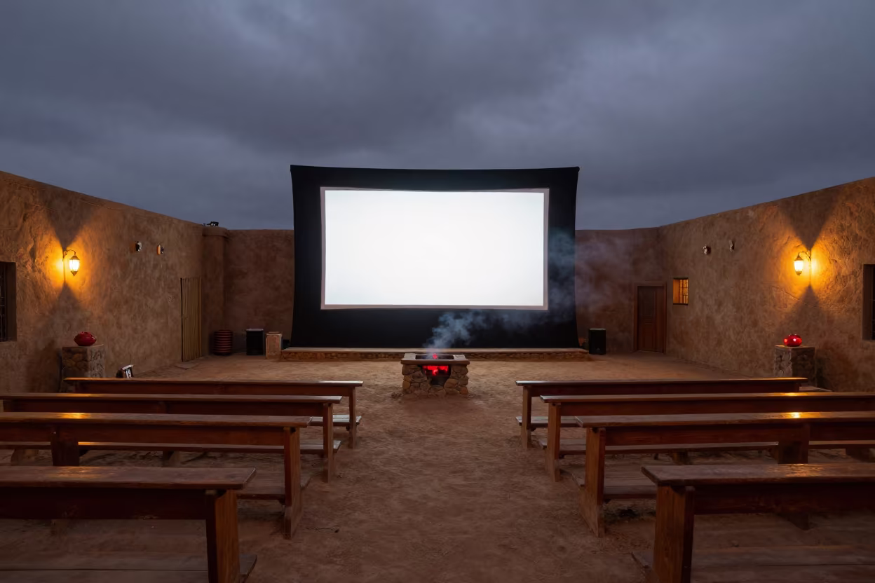 Night Cinema in Kahama Prayer Hall Firelight in in a prayer hall in Kahama