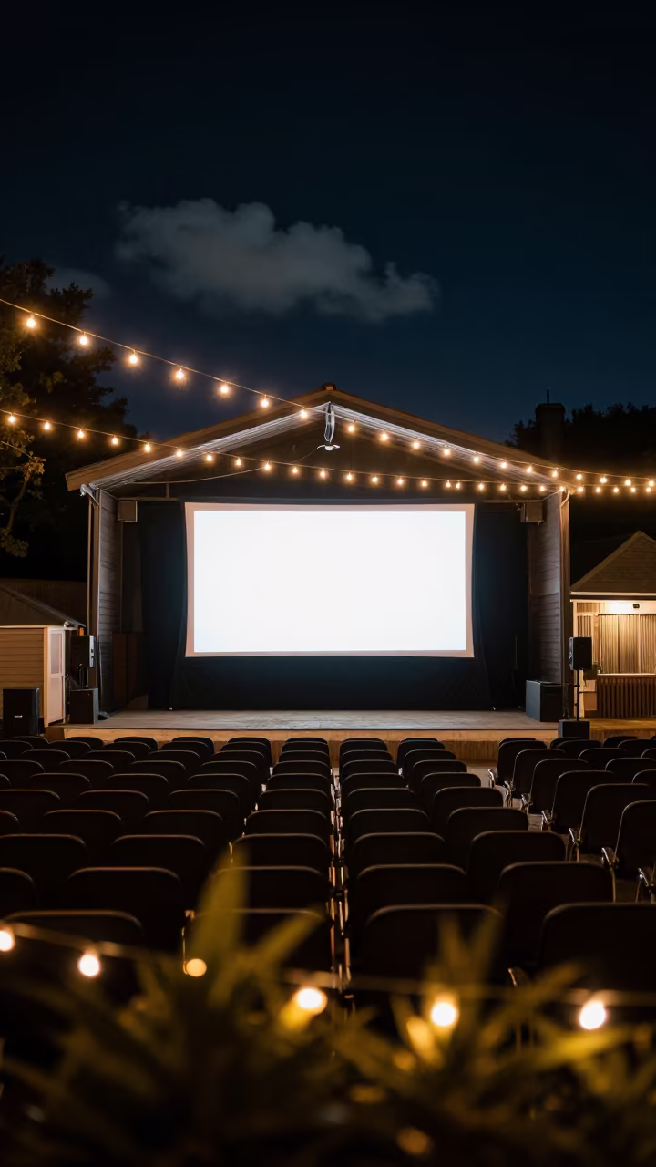 Night Cinema in Kingston Hall Under String Lights in in a ceremonial hall in Kingston