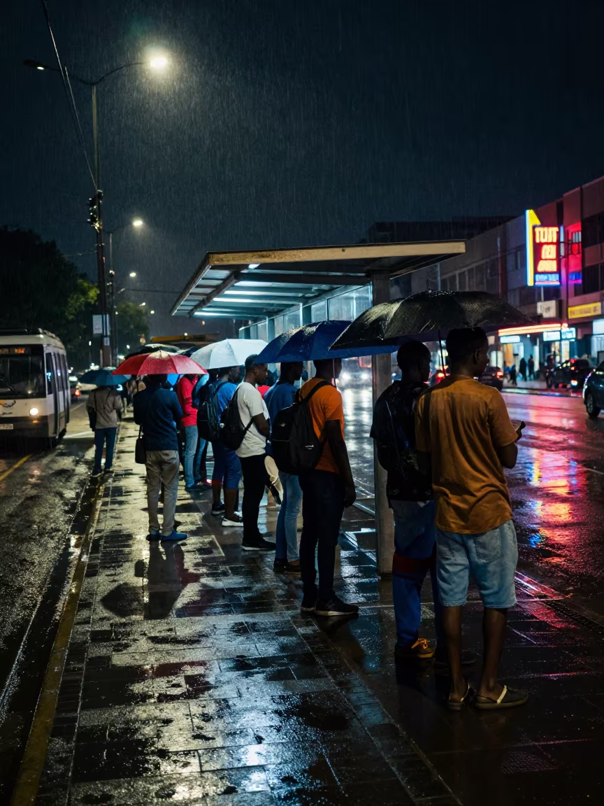 Night Cinema Queue Under Umbrellas Lagos in at a tram stop in Lagos
