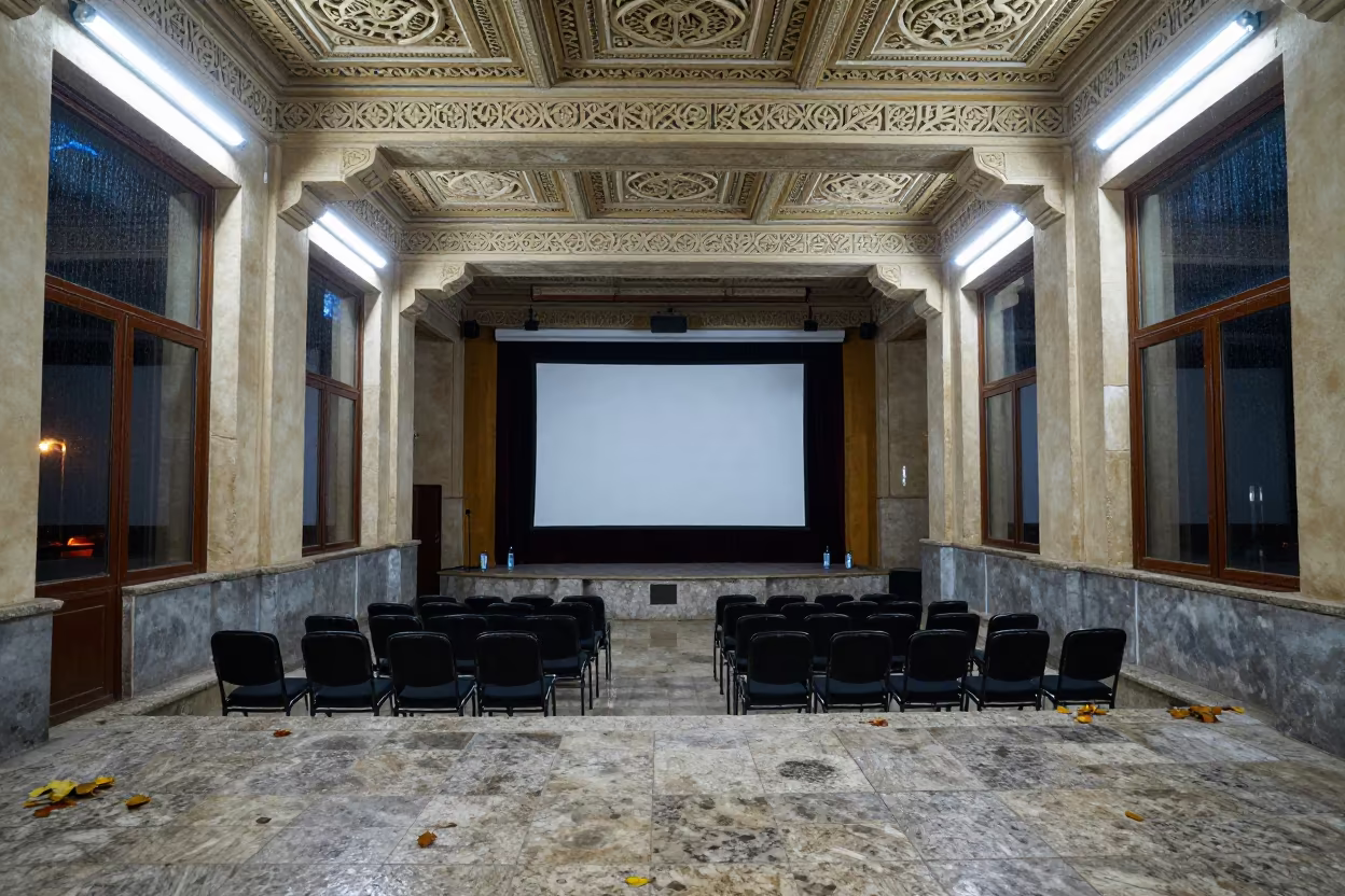 Night Cinema in Tehran Hall Under Fluorescent Light in in a ceremonial hall in Tehran