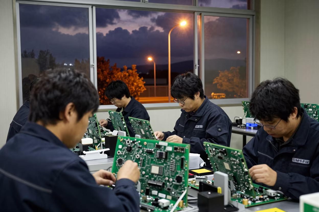 Night Circuit Assembly Under Distant Street Lamps in near Sendai
