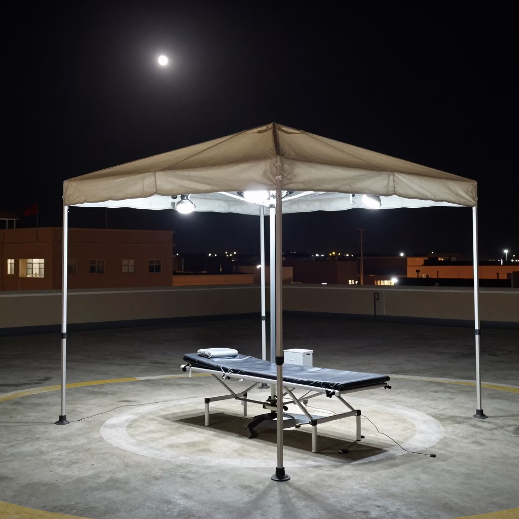 Night Clinic Canopy on Berbera Rooftop Helipad in on a hospital rooftop helipad near Berbera