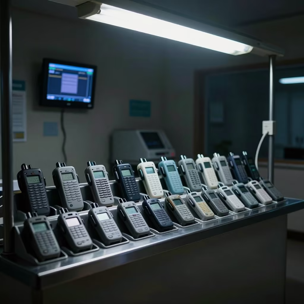 Night Clinic Pager Charging Station Sheikhupura in at a nurse station under monitor glow in Sheikhupura
