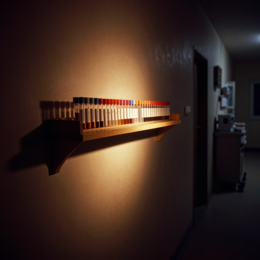 Night Clinic Phlebotomy Shelf Tubes in inside a hospital corridor near Rajkot