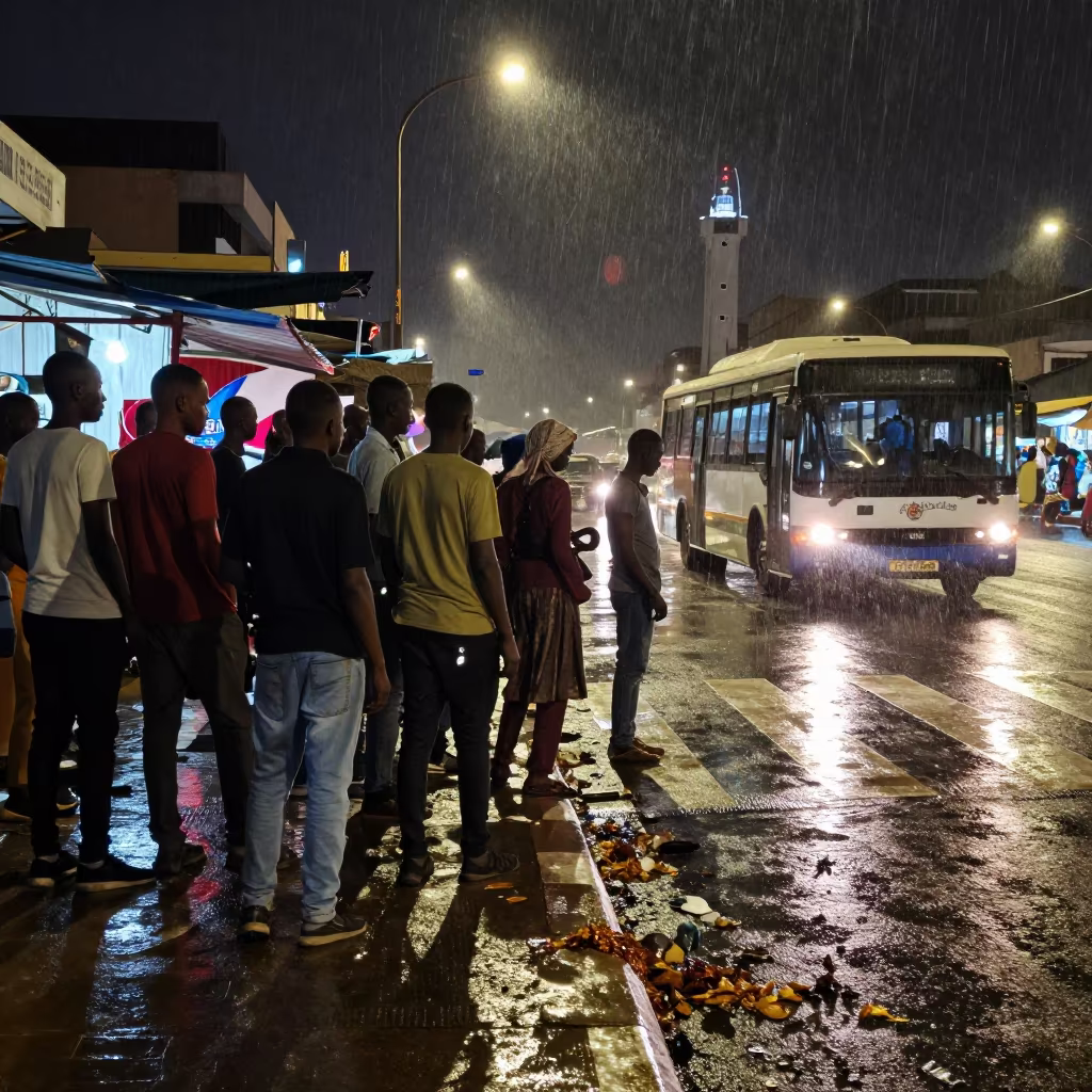 Night Commuters Rush Past Bus in Ndjamena Market Street in along a market-lined side street in Ndjamena