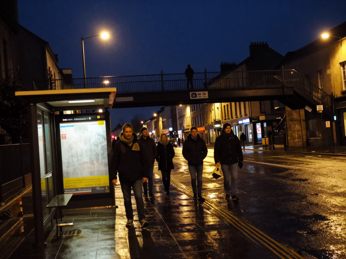 Night Commuters Under Galway Overpass Moonlight in beside a steamed-up bus shelter in Galway