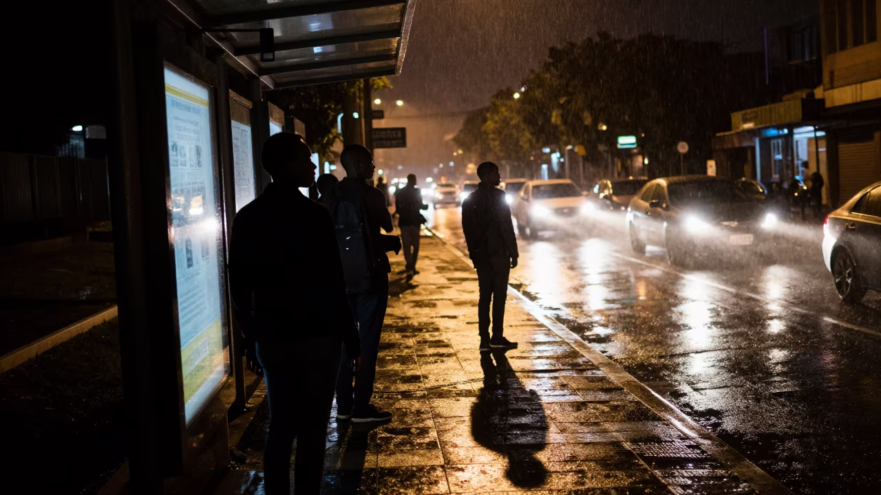 Night Commuters Silhouetted by Flashing Headlights in beside a steamed-up bus shelter in Harare
