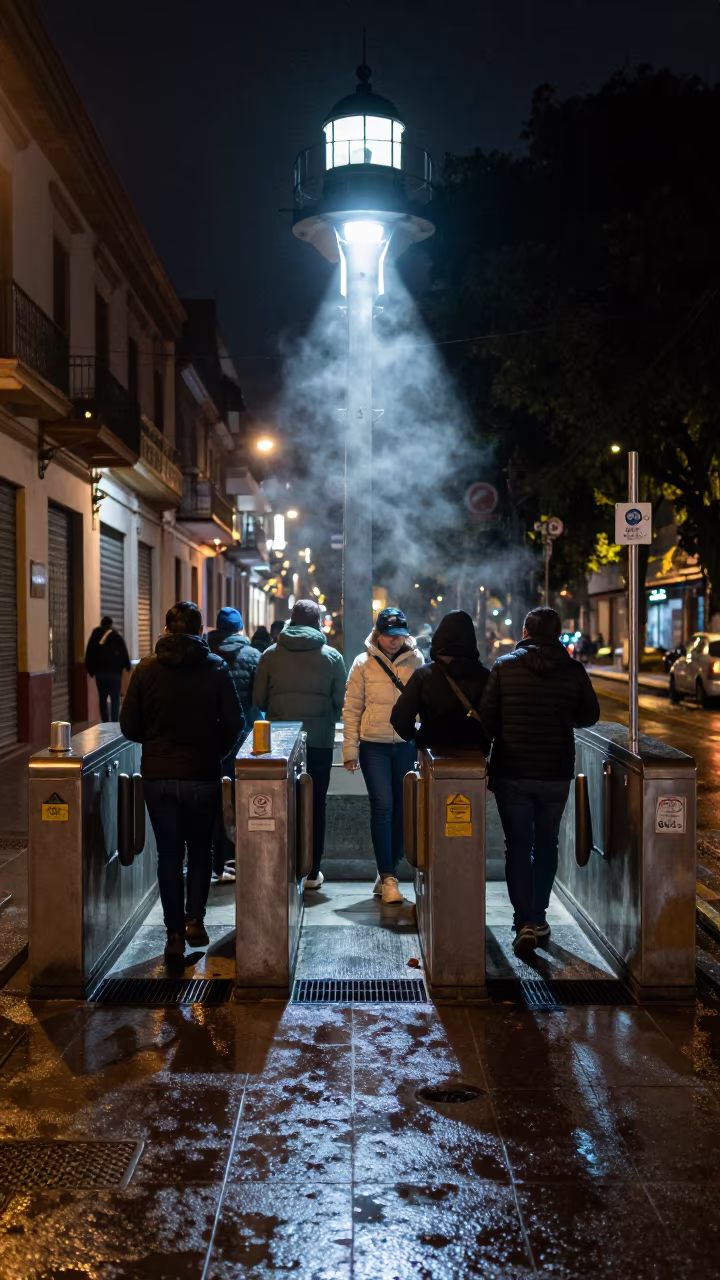 Night Commuters Through Turnstile in Rain in along a shuttered arcade in San Salvador de Jujuy