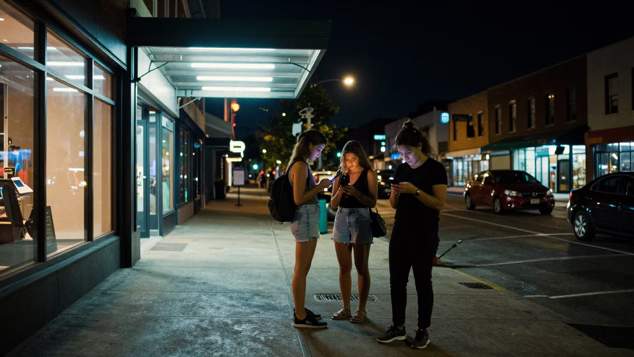 Night Commuters Under Neon Awning in St Johns in beneath a flickering underpass light in St Johns